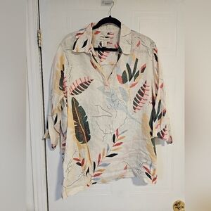 Cynthia Rowley womens 1X 100% Linen Long Sleeve Collared white leaves Shirt